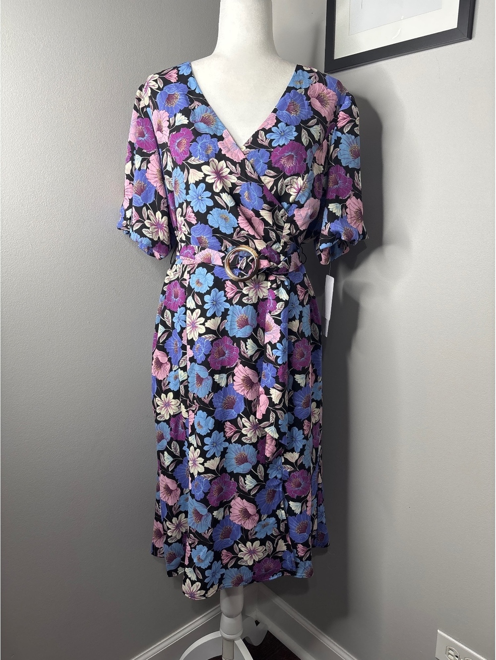 Nicole Miller New York Floral Belted Midi Dress Size L